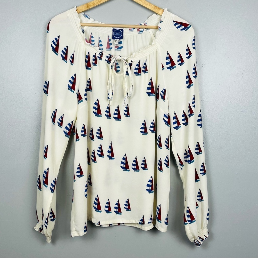 Joules O Joely Boating sailboat viscose tie neck smocked trim blouse, US 10.